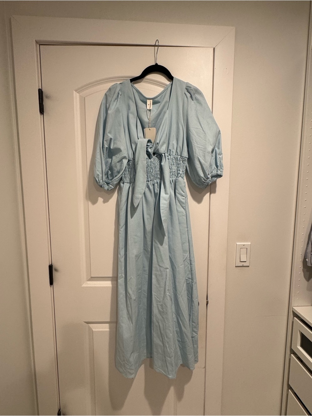 Commense Blue Puff-Sleeve Tie-Waist Dress